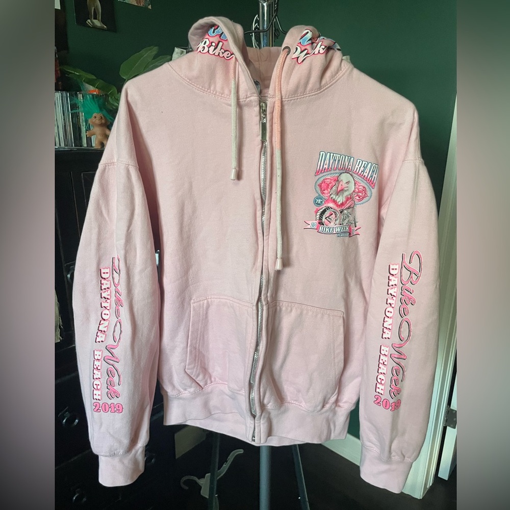 Y2K 2019 Daytona bike week light pink zip up hoodie